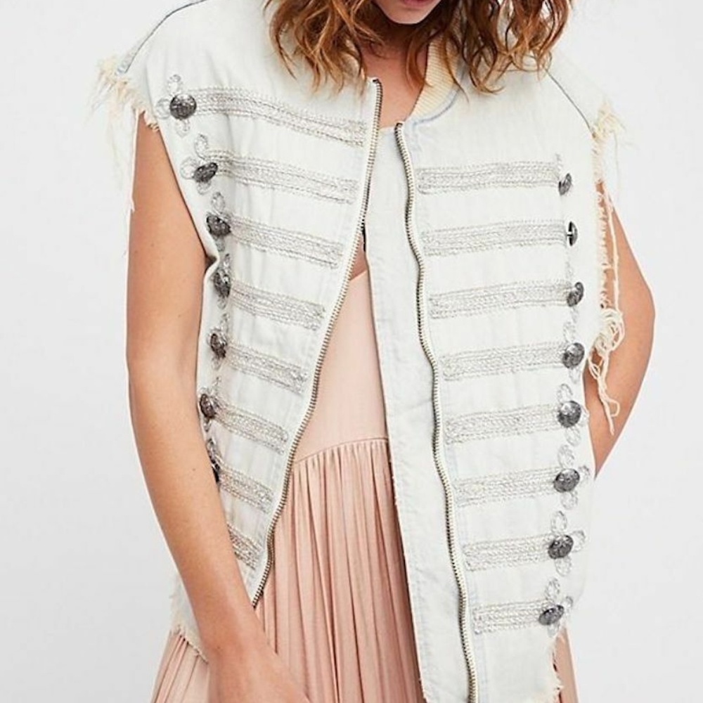 Free People Acid Wash Military Denim Vest